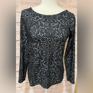 LOFT womens Black Grey Damask Floral long sleeve top with stretch- size small